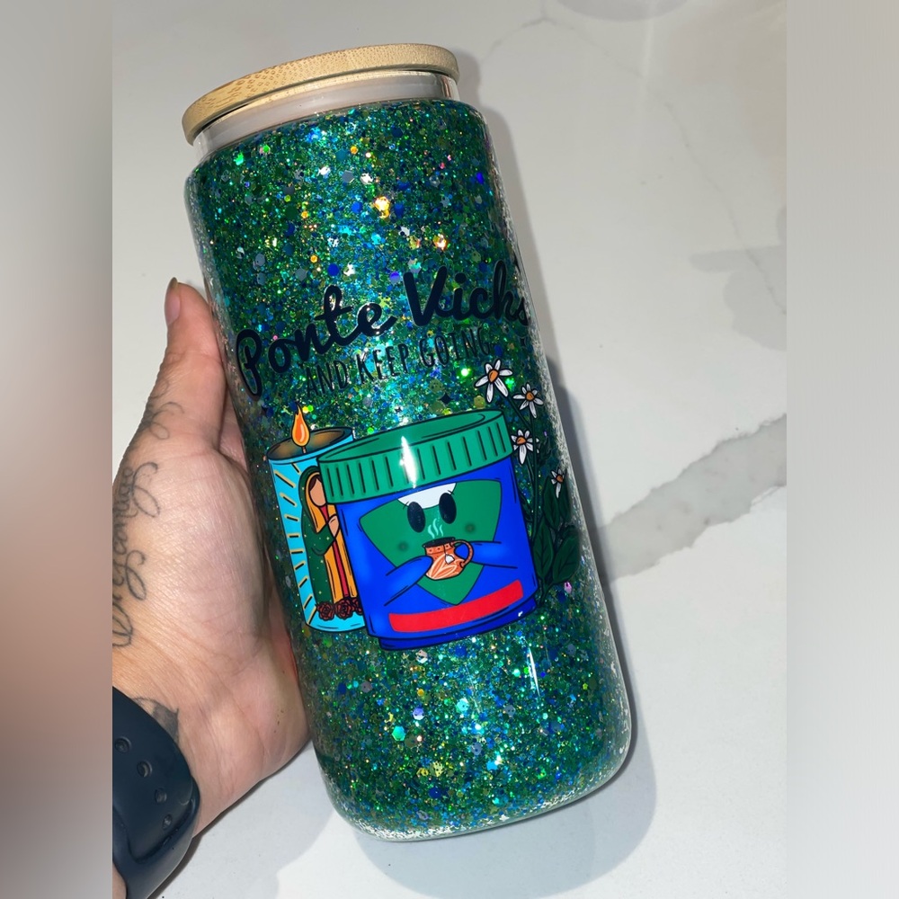 Glittery Green Tumbler with Fun Design